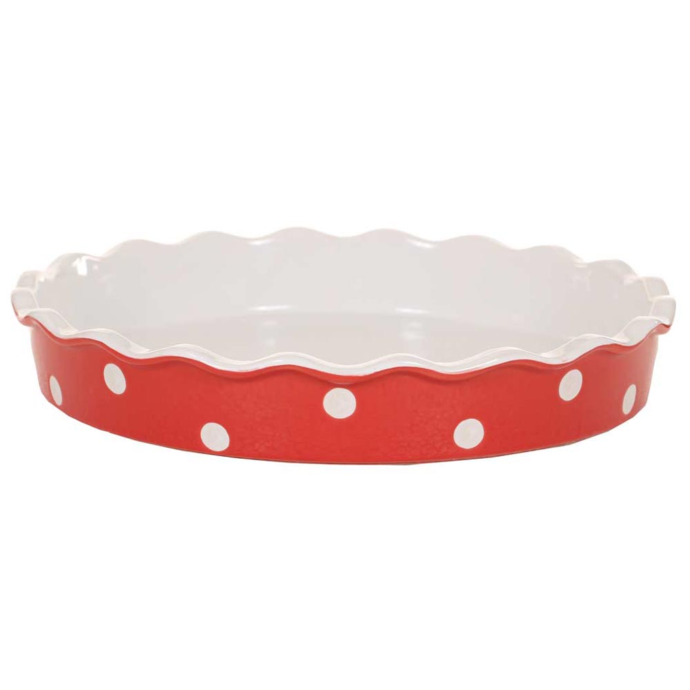 Rot-weiß gepunktete Kuchenform aus Keramik „Isabelle Rose“ mit gewellten Rändern und seitlichen Griffen.