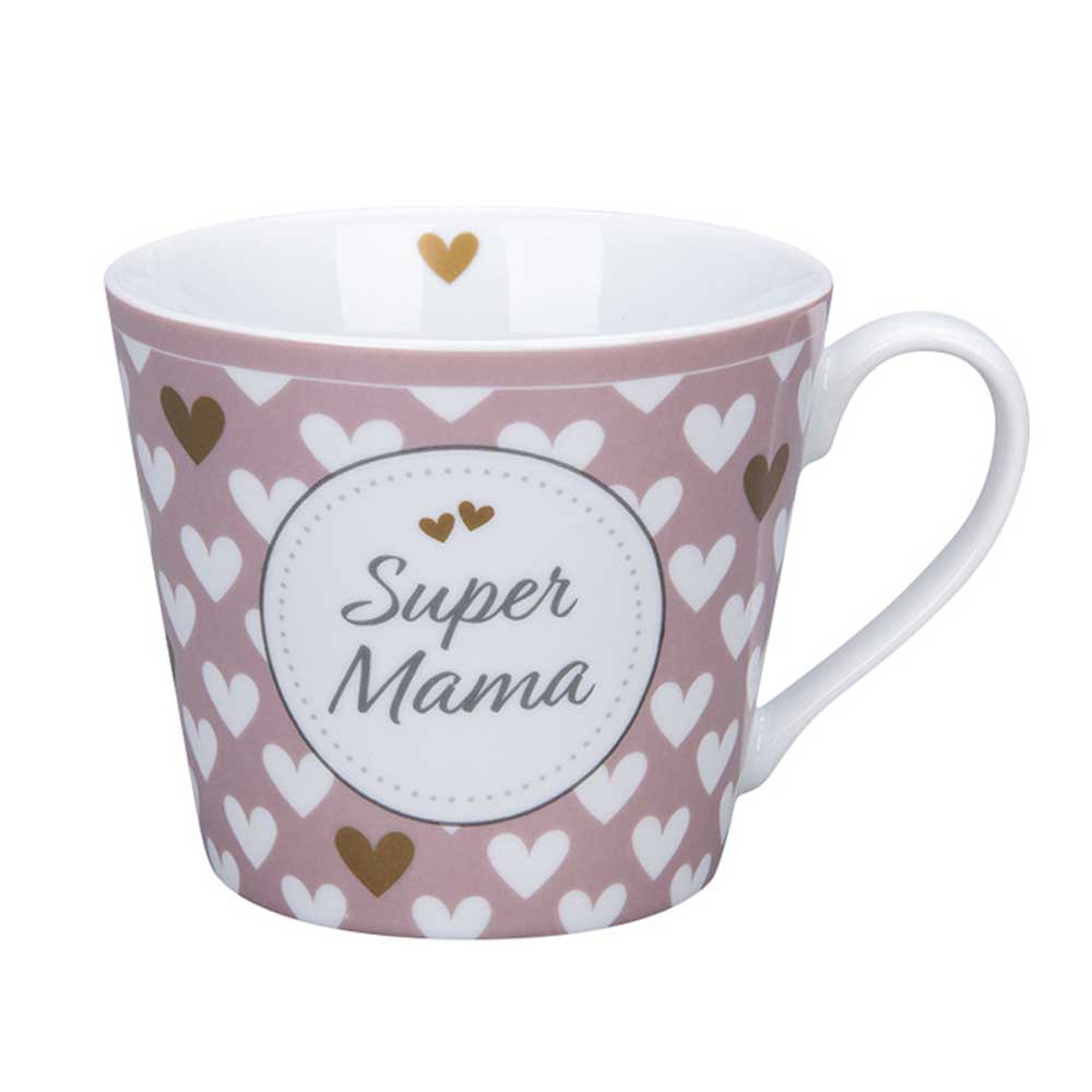Eine Krasilnikoff - Happy Cup Super Mama Hearts mit lavendelfarbenem Hintergrund, geschmückt mit weißen und goldenen Herzen und dem Text „Super Mama“ in einer runden weißen Mitte.