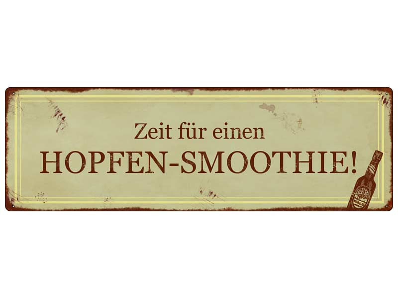 Interluxe-Metallschild „Hopfen-Smoothie“ im Vintage-Stil mit der Aufschrift „Zeit für einen Hopfen-Smoothie!“ mit der Grafik einer Bierflasche und einer Weltkarte im Hintergrund.