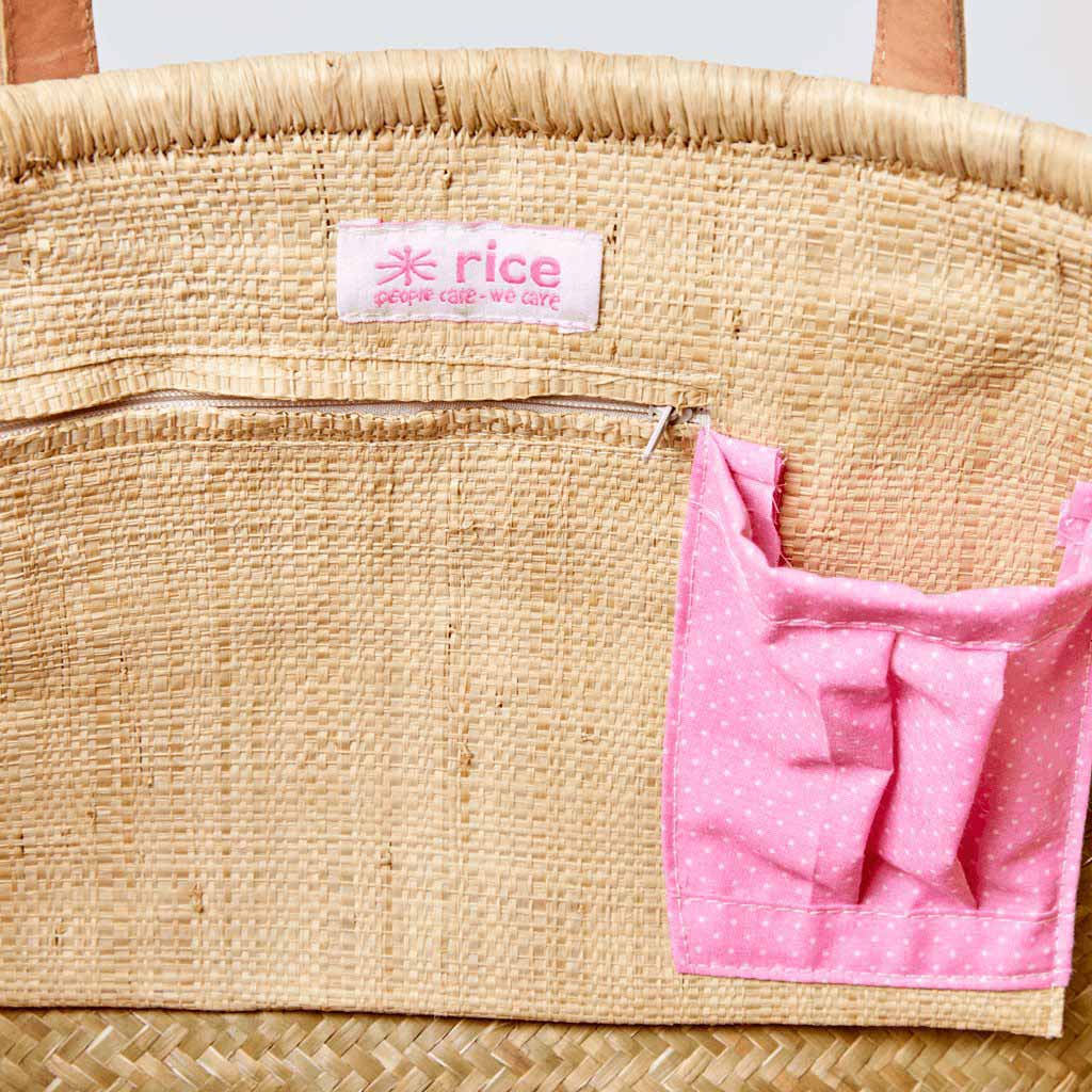 Rice - Korbtasche aus Raffiabast mit Ledergriff pink Punkte Large