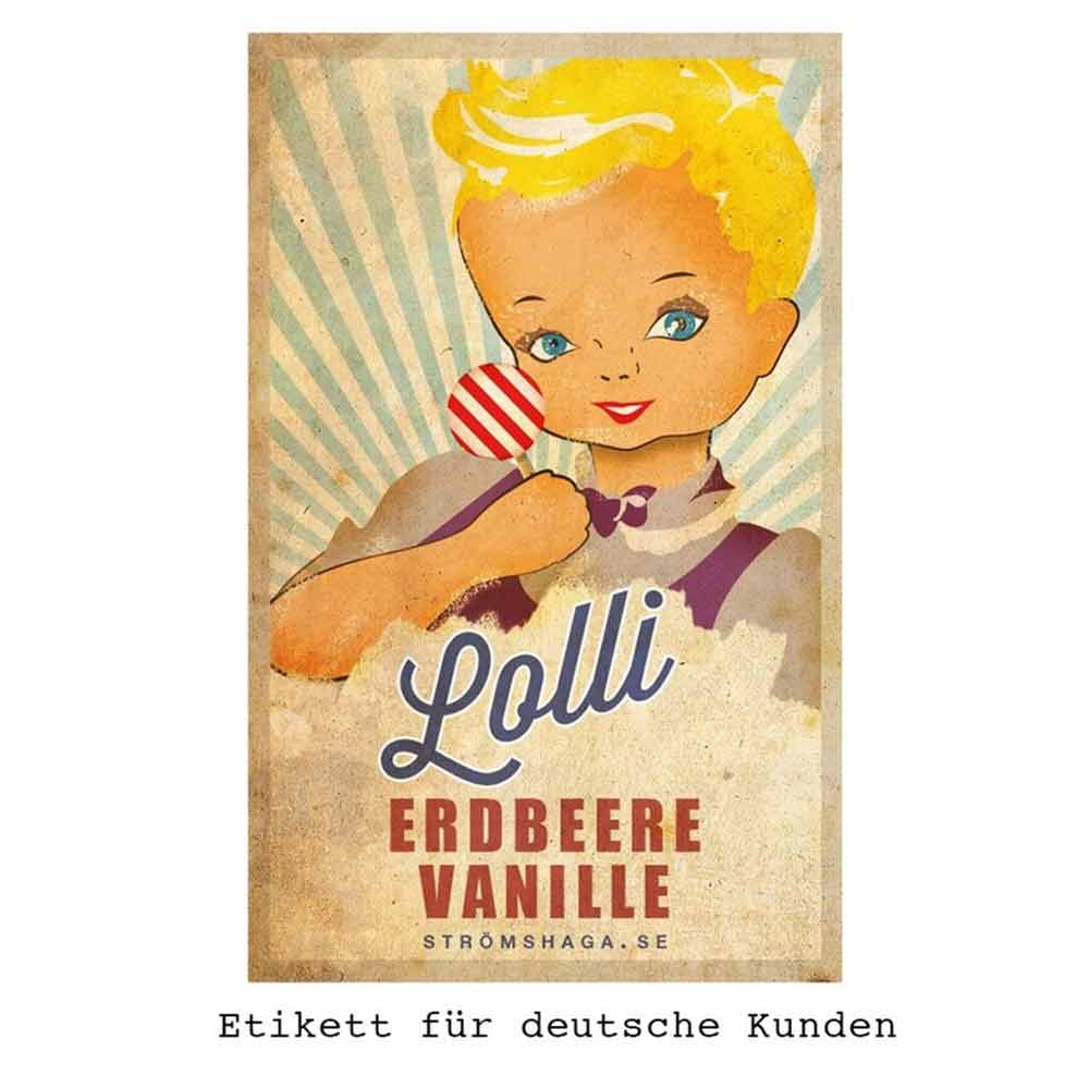 Vintage-Etikett mit einem blonden Kind mit einem rot-weiß gestreiften Lutscher und dem Text „Lolli Erdbeere Vanille“ von Strömshaga – Lutscher Vintage.