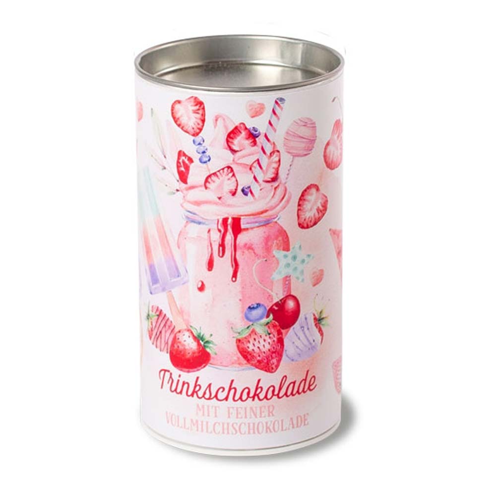 Dekorative Blechdose mit der Aufschrift „Tee-Maass – Aromadose Trinkschokolade Erdbeerspaß“ mit Abbildungen von Erdbeeren und Schlagsahne in den Farbkombinationen Rosa und Weiß.
