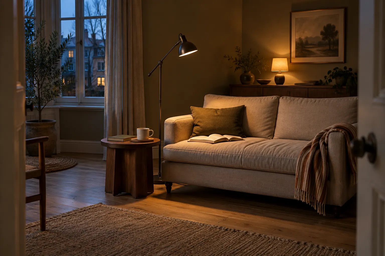 Sofa am Abend mit gerichtetem Leselicht, einer Tasse auf dem seitlichen Tisch und einer gefalteten Decke an der Armlehne